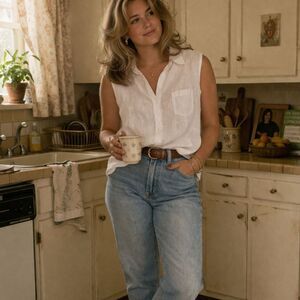 90s Jones New York White Linen Sleeveless Collared Button Up Top, 18, Butter Mom